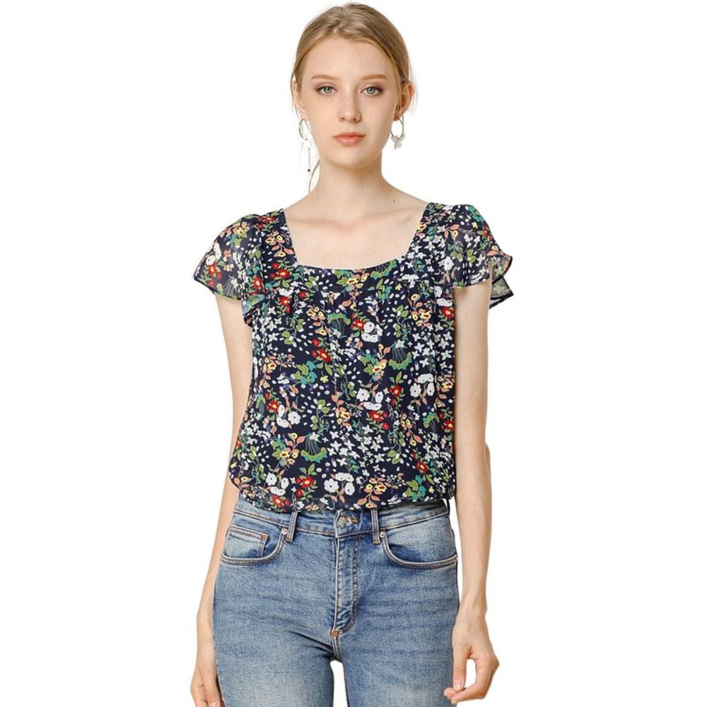 Women's Chiffon Ruffle Sleeve Vintage Layered Floral Print Blouse Top Navy Blue